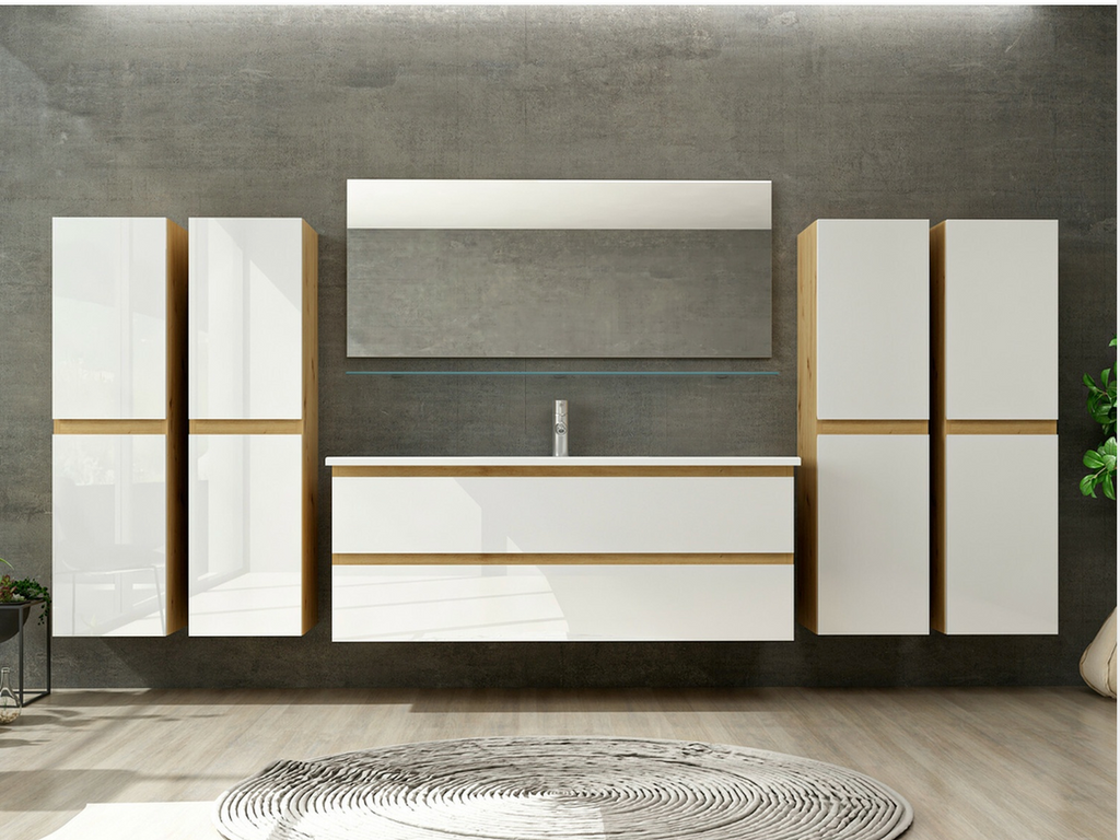 Badmöbel Set Eiche Weiß Badezimmermöbel Hochschrank Waschtisch Spiegel Leonard