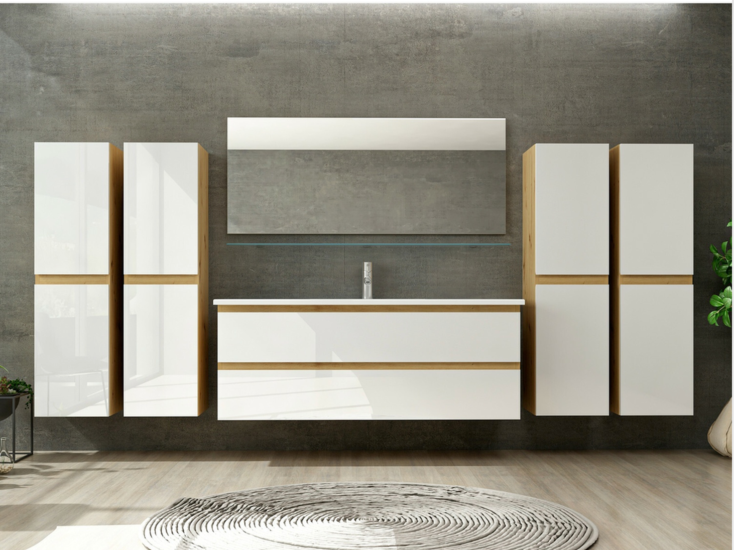 Badmöbel Set Eiche Weiß Badezimmermöbel Hochschrank Waschtisch Spiegel Leonard