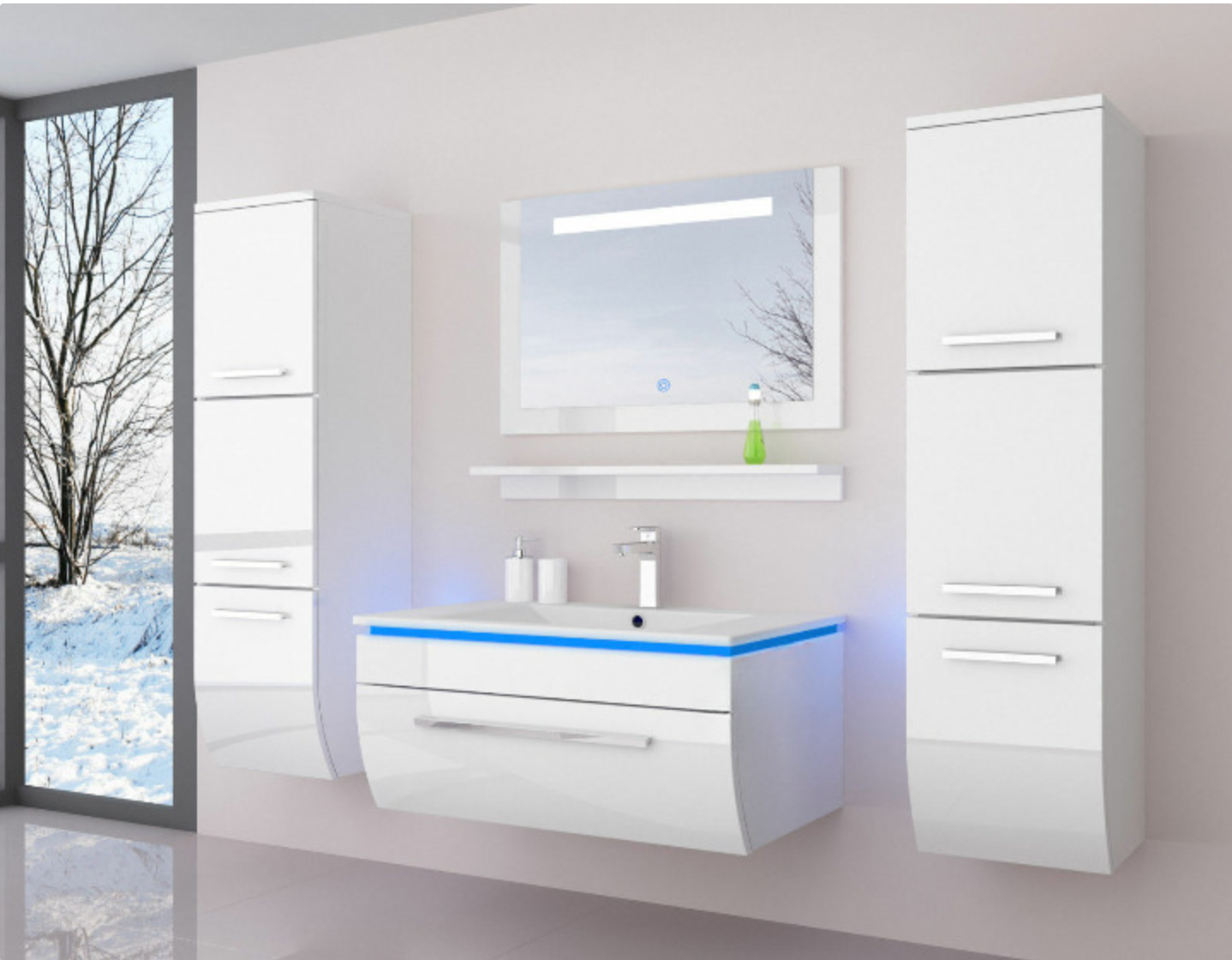 90 Badmöbel Set Weiss Komplett Hochglanz Badezimmermöbel 6 Teilige LED Bad  Weiß