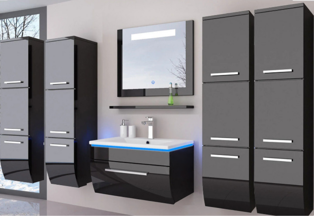 Badmöbel Set Schwarz 180 cm Hochglanz Waschbecken Spiegel Komplett Bad LedSystem