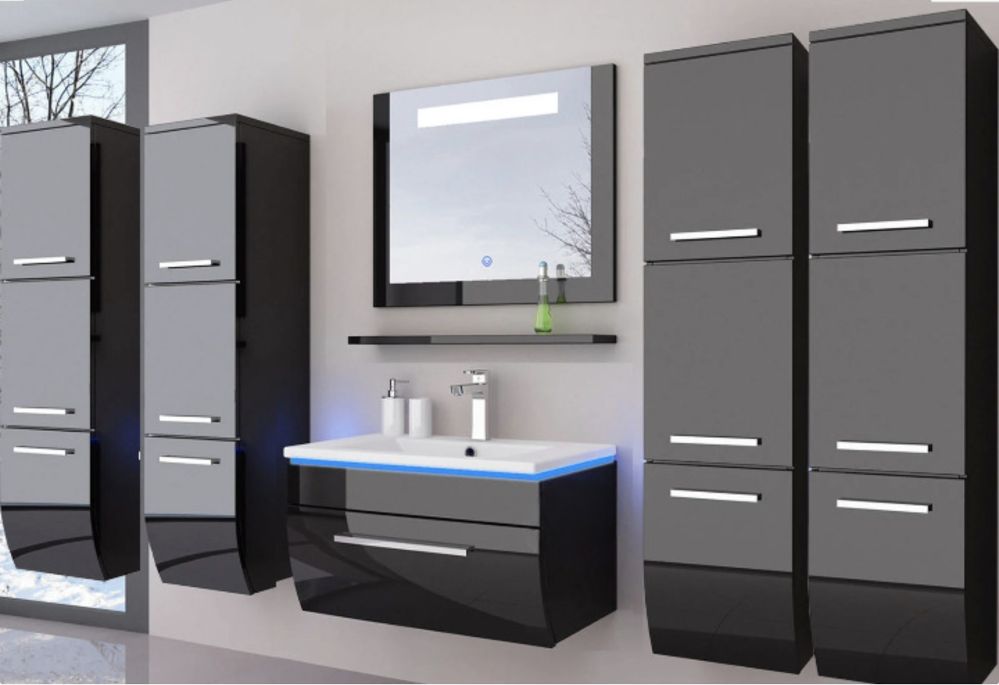 Badmöbel Set Schwarz 180 cm Hochglanz Waschbecken Spiegel Komplett Bad LedSystem