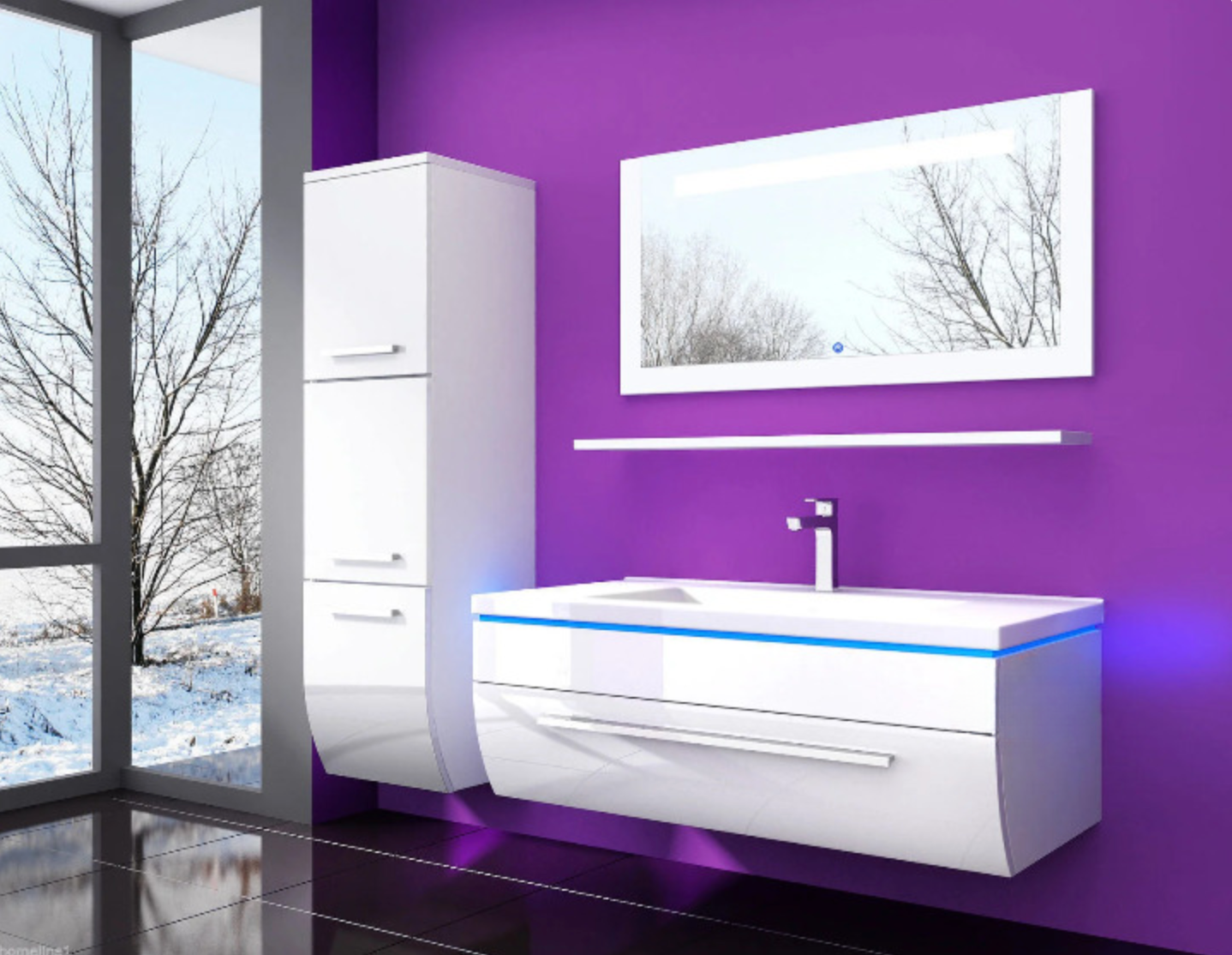 Badmöbel Set Weiss 180 cm Hochglanz Waschbecken Spiegel Komplett Bad Led System.