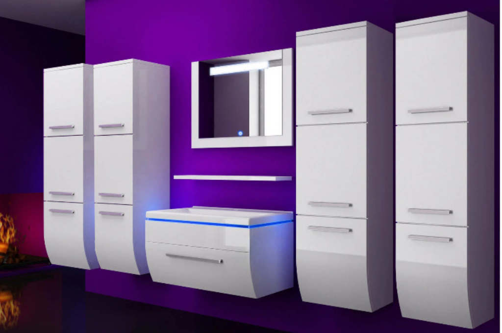Badmöbel Set Weiss 180 cm Hochglanz Waschbecken Spiegel Komplett Bad Led System.