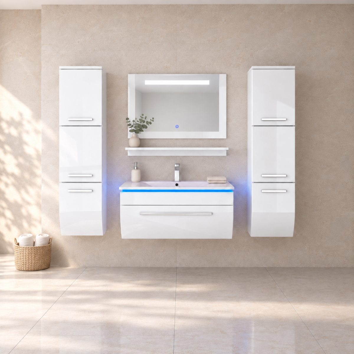 Danny Badmöbel-Set – Weiß Hochglanz mit LED