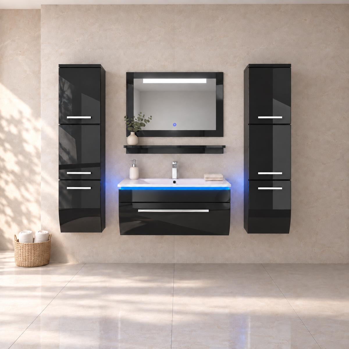 Danny Badmöbel-Set – Schwarz Hochglanz mit LED