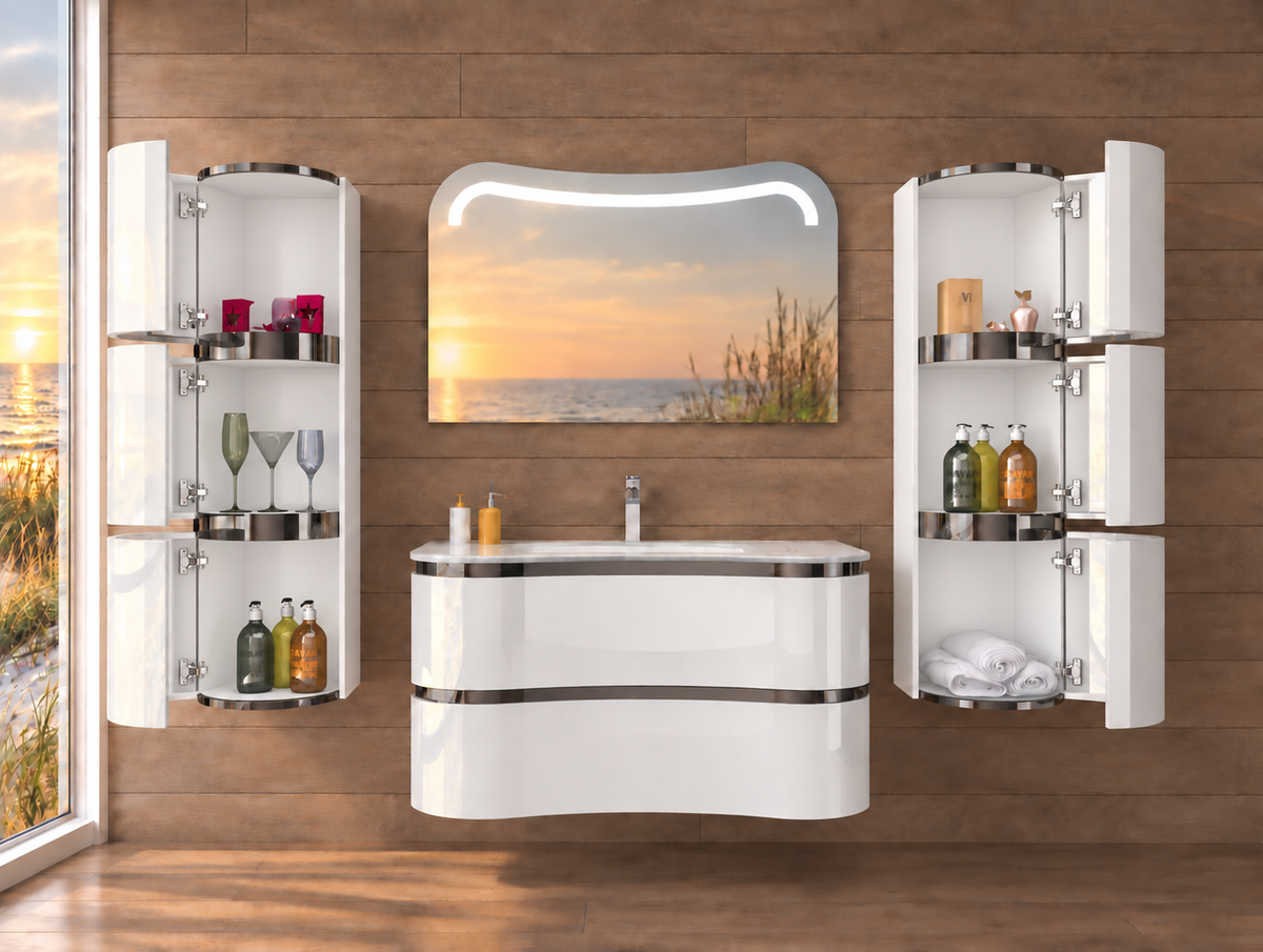 Lady Badmöbel Set 90 cm – Weiß Hochglanz | LED-Spiegel Glas Becken