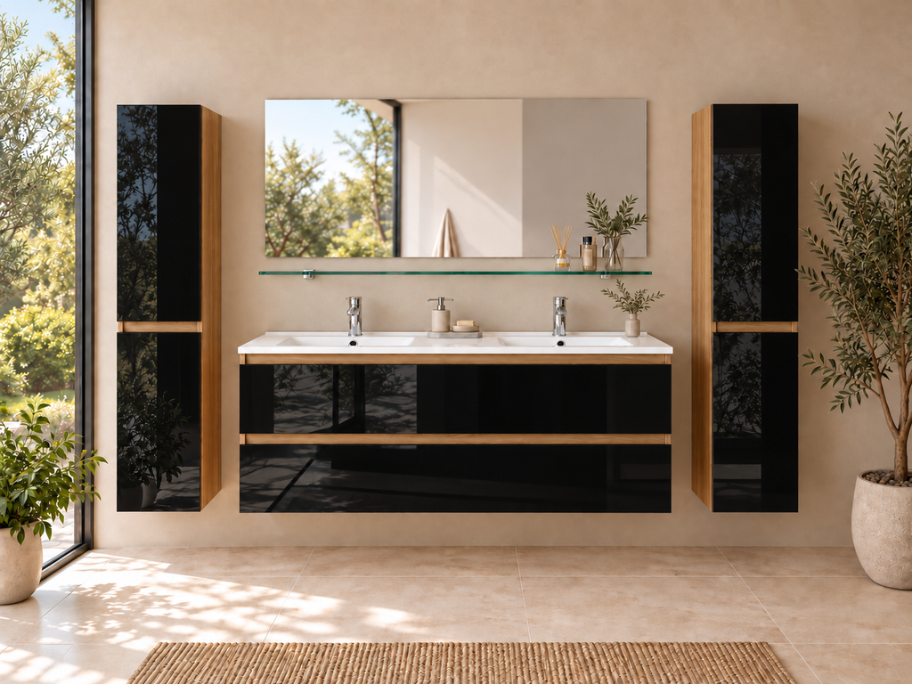 Badmöbel Set Kaiser 120 cm Eiche/Schwarz Hochglanz mit Doppelwaschbecken