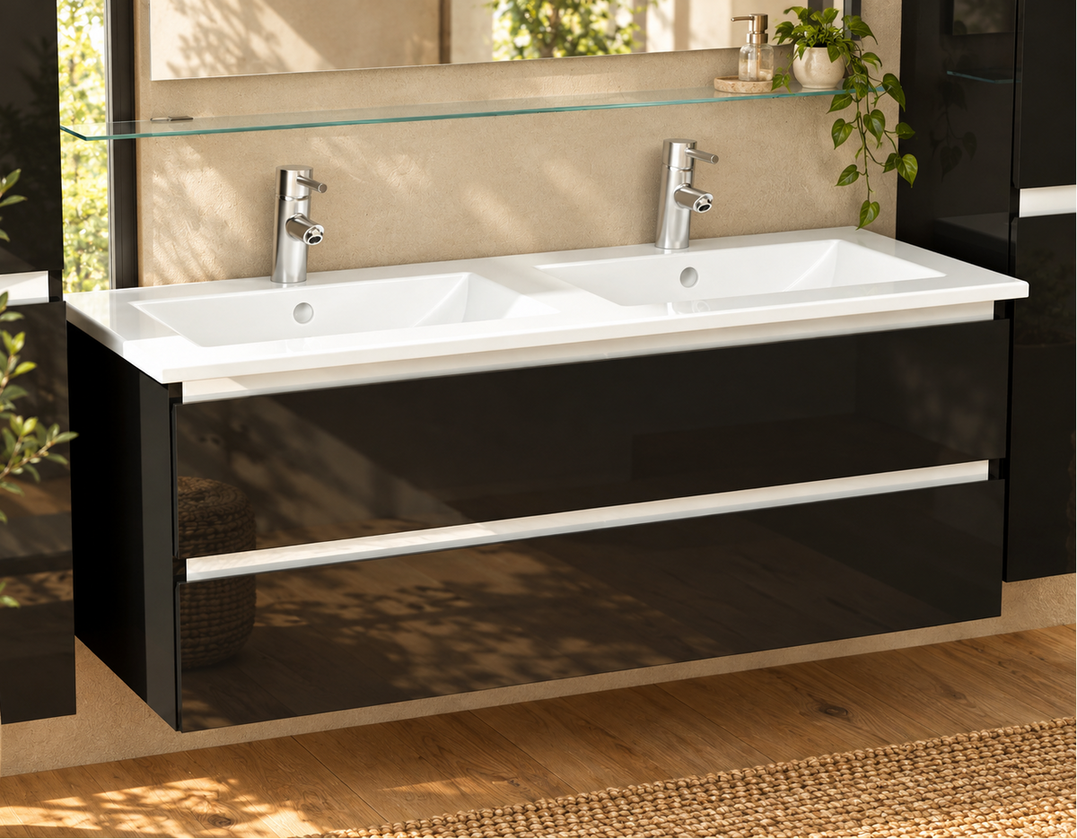 Badmöbel Set Marcel 120 cm Schwarz Hochglanz mit Doppelwaschbecken