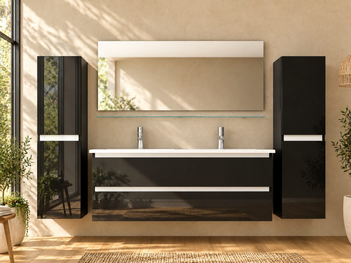 Badmöbel Set Marcel 120 cm Schwarz Hochglanz mit Doppelwaschbecken