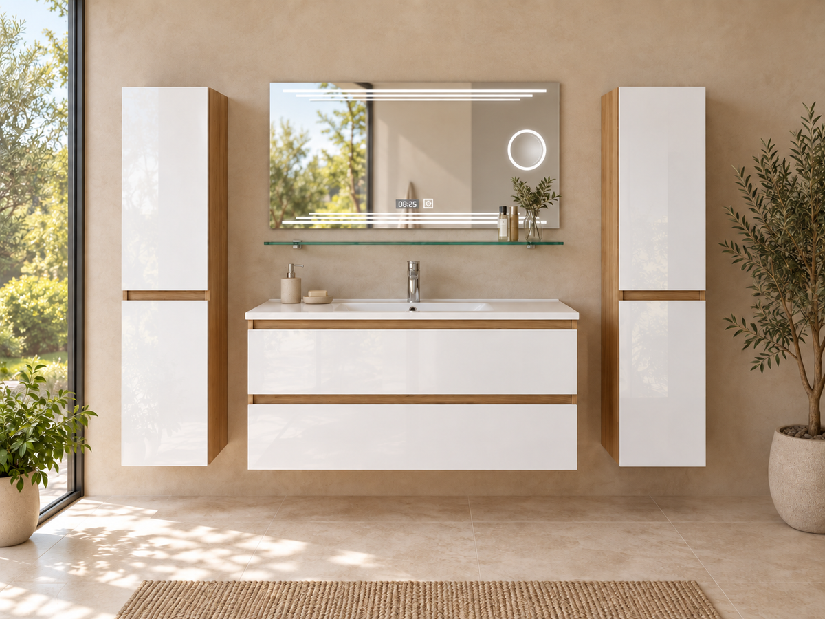 Badmöbel Set Eiche/Weiß - Leonard / Waschtisch Kosmetik Spiegel 60 90 120 cm