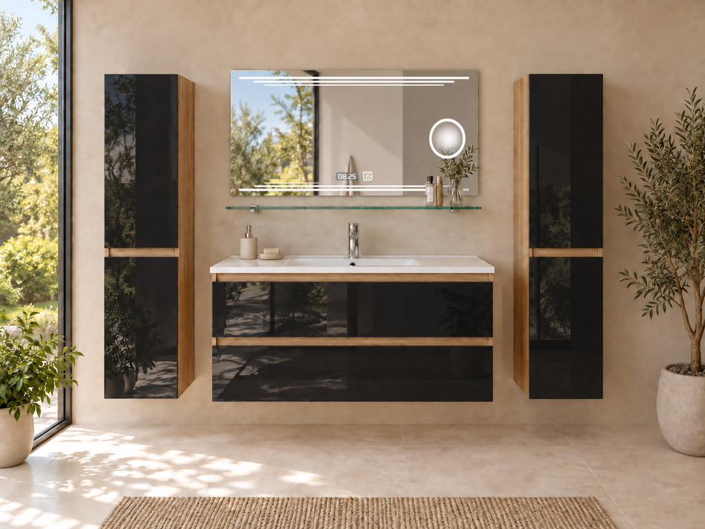 Badmöbel Set Eiche/Schwarz - Kaiser / Waschtisch Kosmetik Spiegel 60 90 120 cm