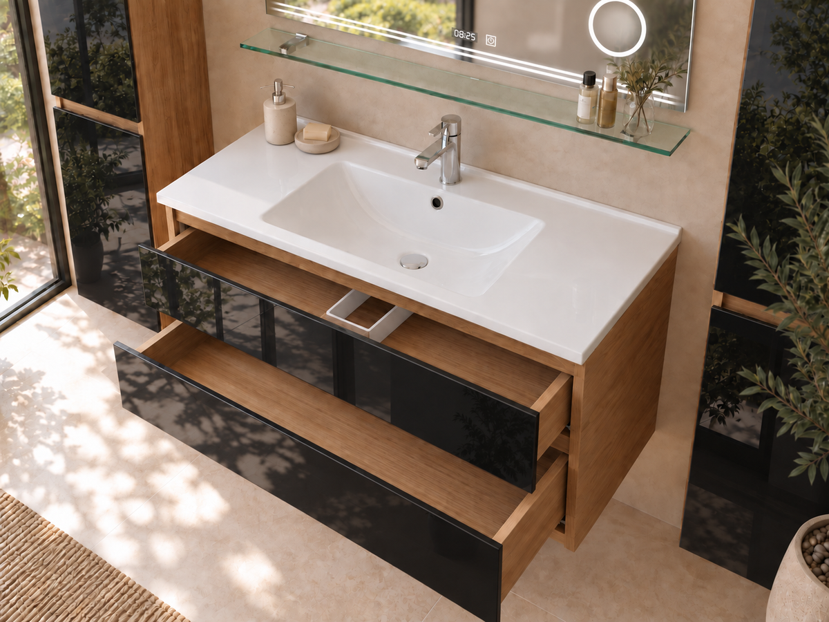 Badmöbel Set Eiche/Schwarz - Kaiser / Waschtisch Kosmetik Spiegel 60 90 120 cm