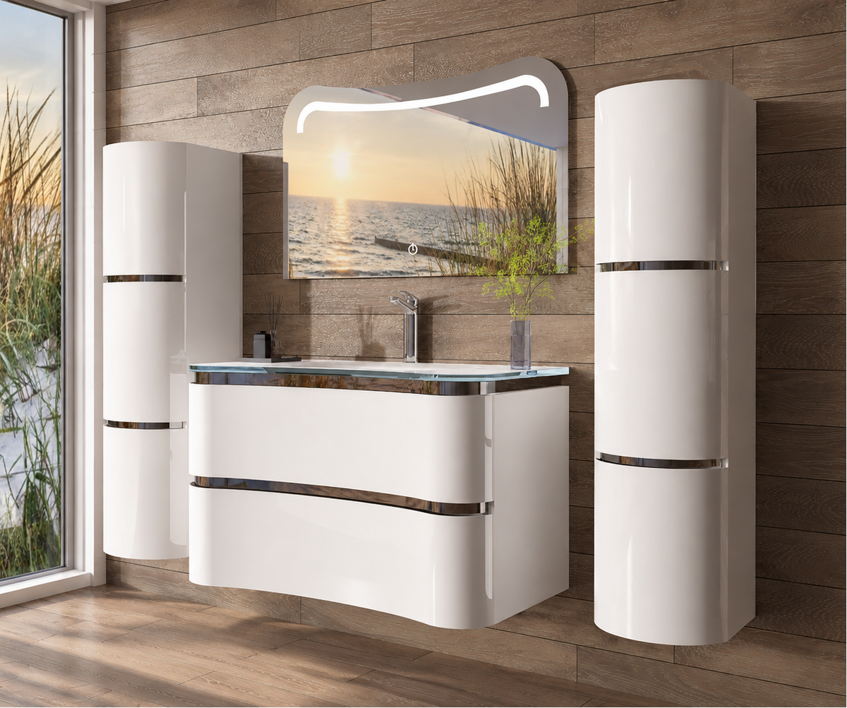 Badmöbel Set Schwarz / Weiss Lackiert Hochglanz Badezimmermöbel 90 cm Badezimmer
