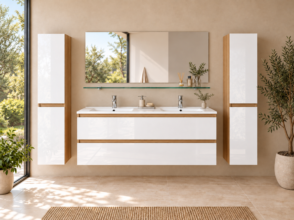Badmöbel Set Leonard 120 cm Eiche/Weiß Hochglanz mit Doppelwaschbecken