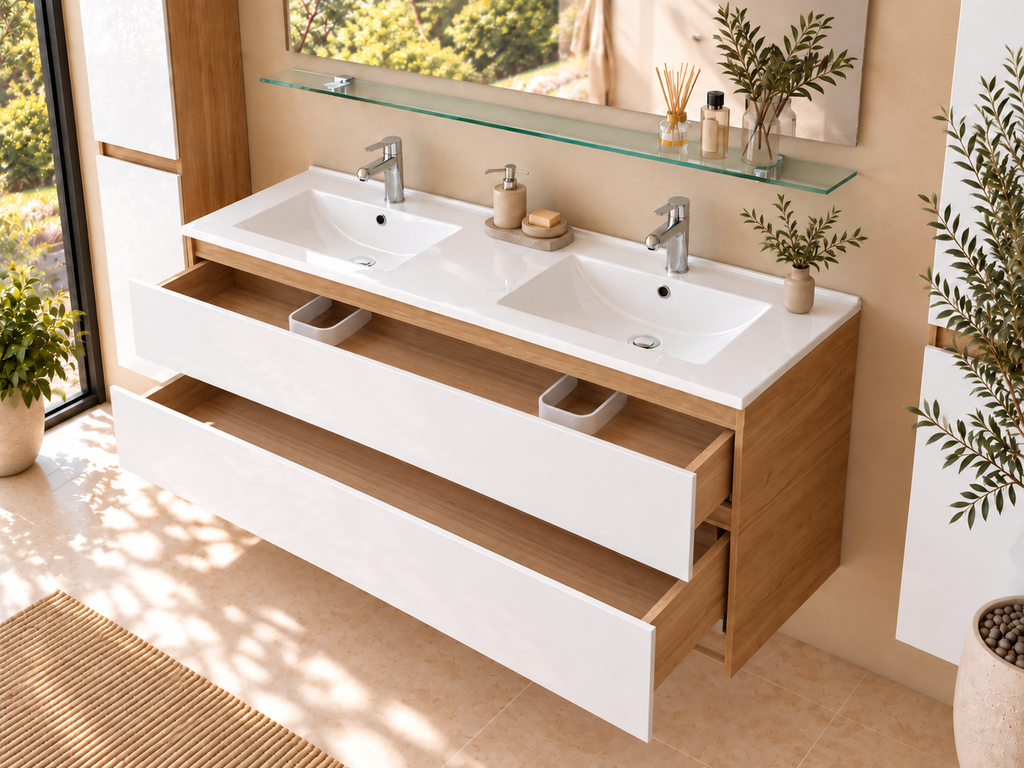 Badmöbel Set Leonard 120 cm Eiche/Weiß Hochglanz mit Doppelwaschbecken