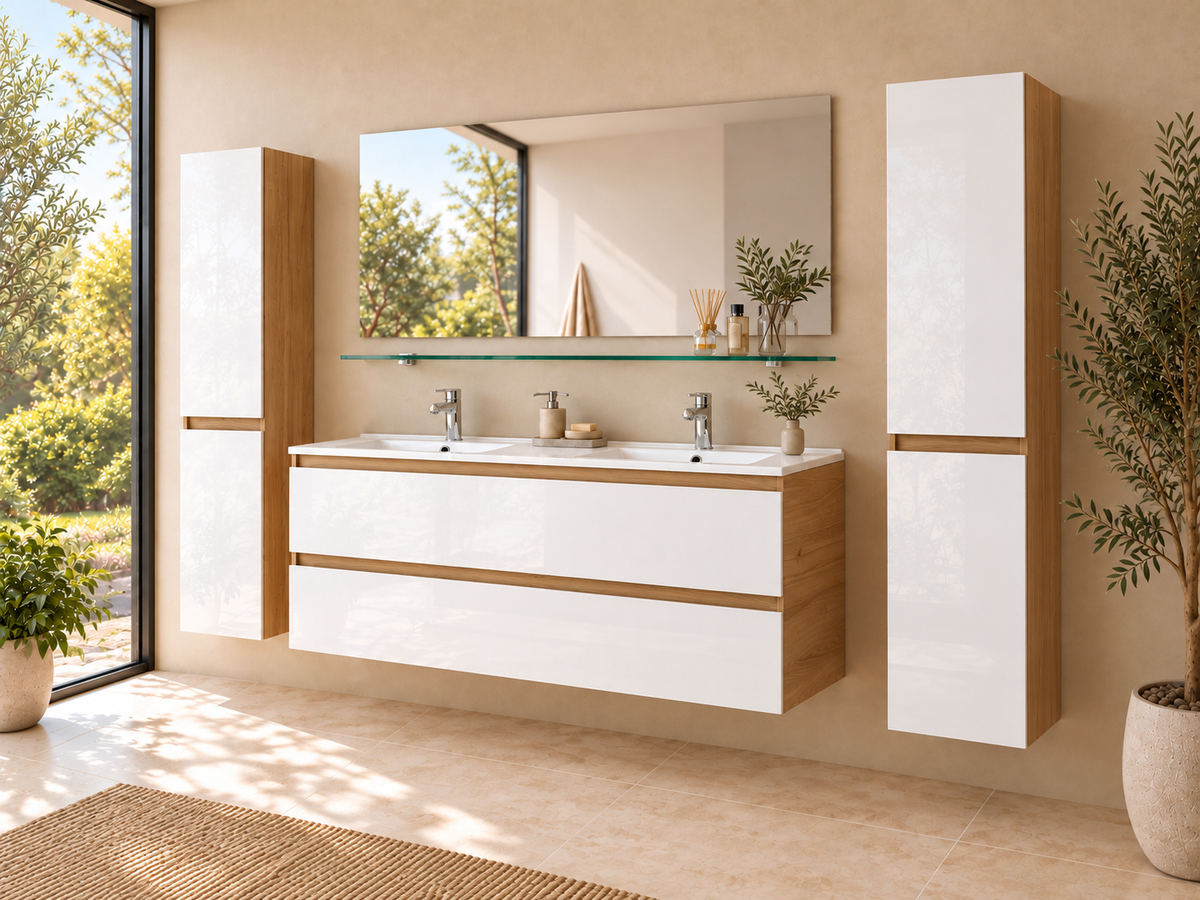 Badmöbel Set Leonard 120 cm Eiche/Weiß Hochglanz mit Doppelwaschbecken