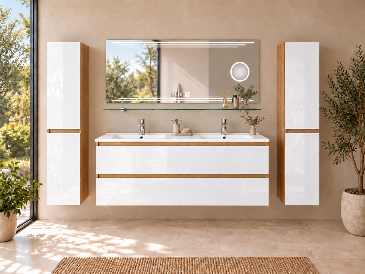 Badmöbel Set 120 cm Eiche / Weiß - Leonard / Hochglanz Doppelwaschbecken mit LED-Kosmetikspiegel