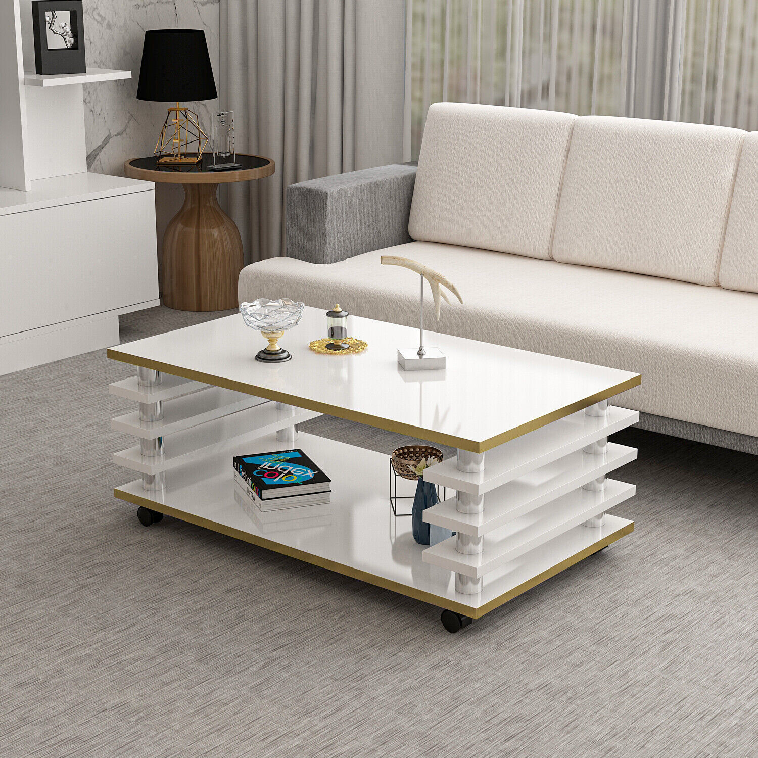 Couchtisch 115x 65 cm Wohnzimmer Tisch Weiß / Gold Baarn Tische Beistelltisch 2
