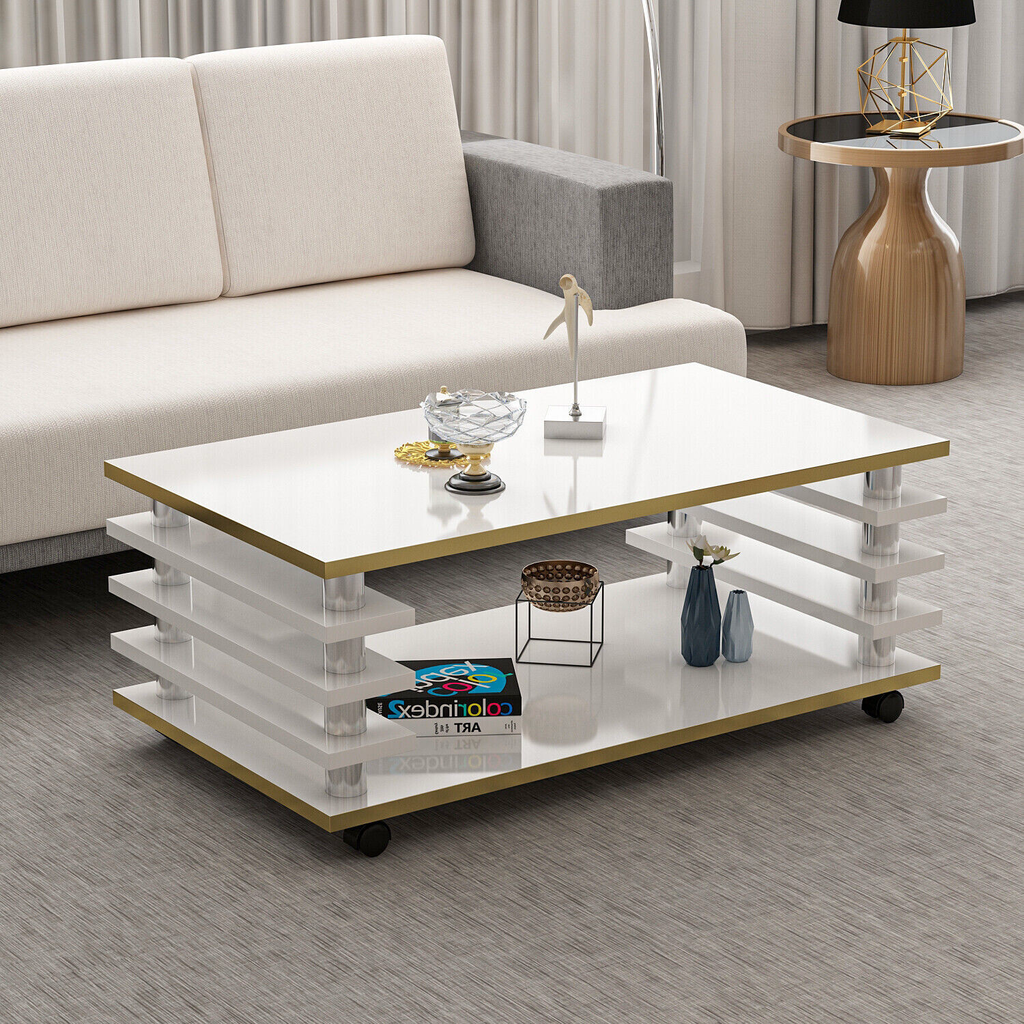 Couchtisch 115x 65 cm Wohnzimmer Tisch Weiß / Gold Baarn Tische Beistelltisch 2
