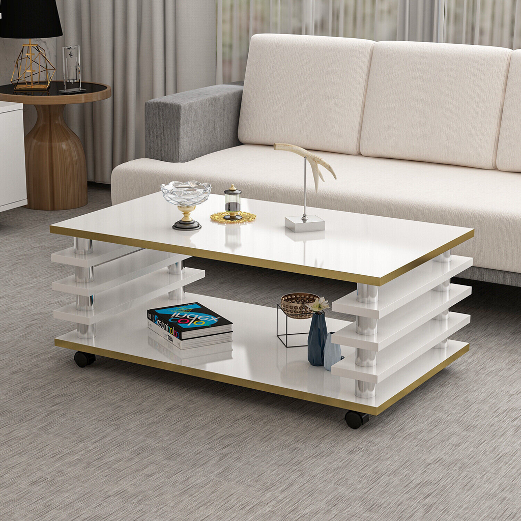 Couchtisch 115x 65 cm Wohnzimmer Tisch Weiß / Gold Baarn Tische Beistelltisch 2