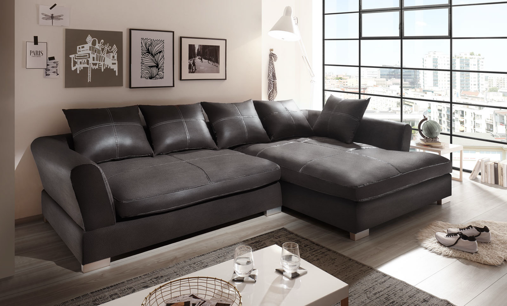Design Couchgarnitur Anthrazit Sofa K-Leder Eck Big Sofa Wohnlandschaft Rechts