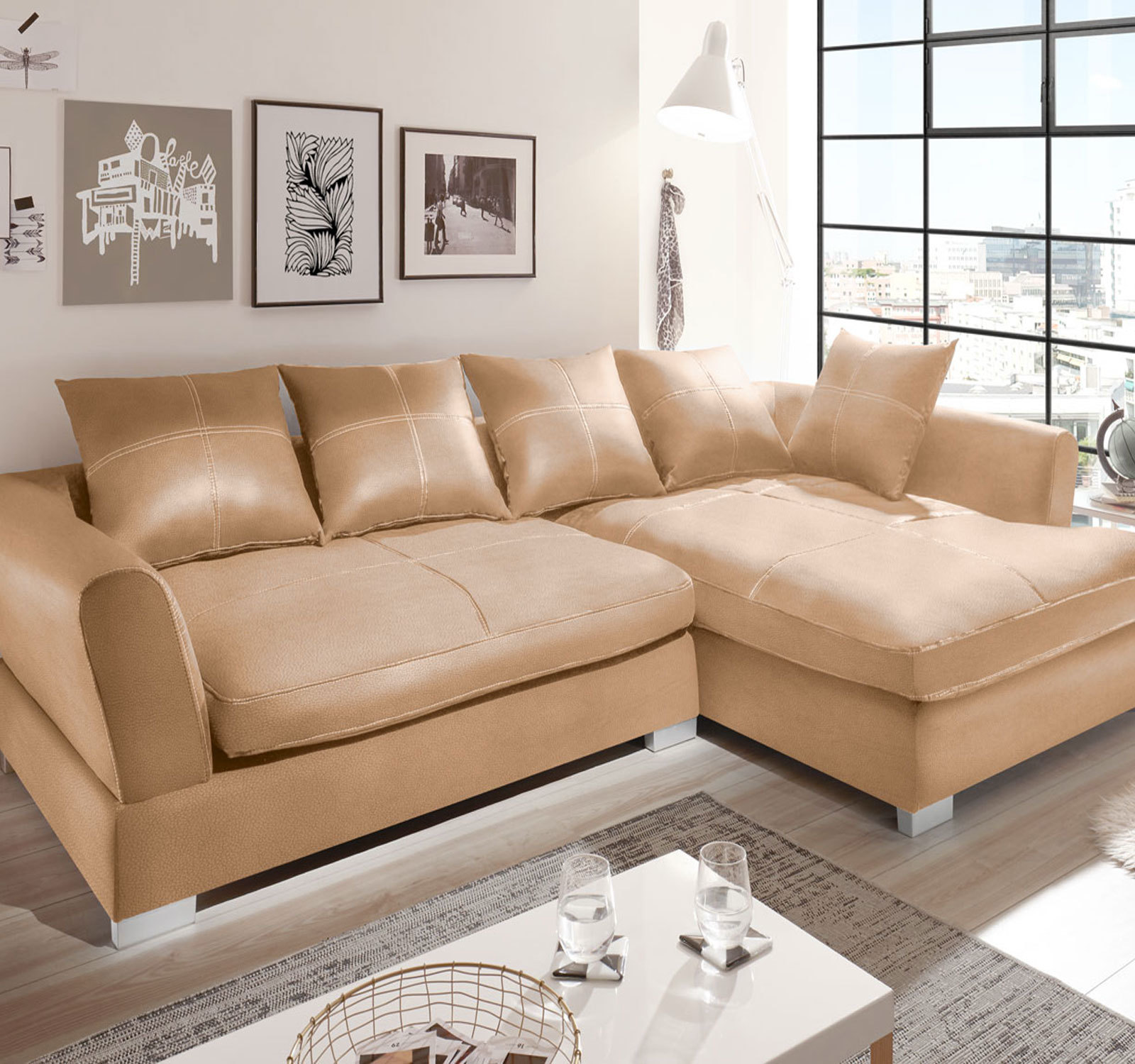 Design Couchgarnitur Beige Sofa K-Leder Eck Sofa Wohnlandschaft Megasofa Rechts