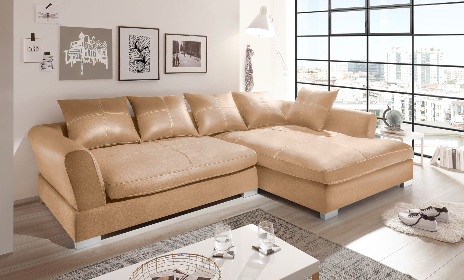 Design Couchgarnitur Beige Sofa K-Leder Eck Sofa Wohnlandschaft Megasofa Rechts
