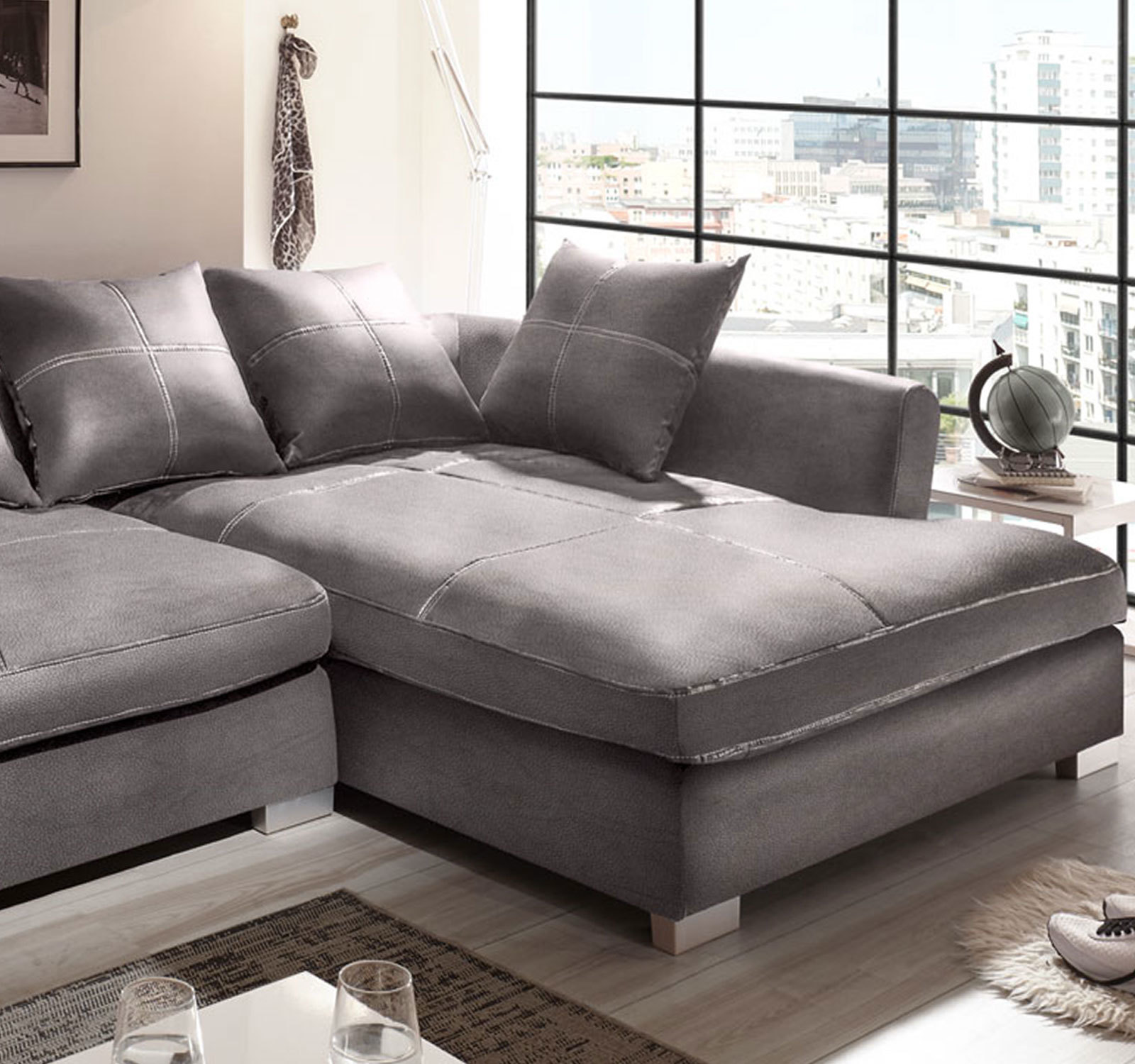 Design Couchgarnitur Grau Sofa K-Leder Eck Sofa Wohnlandschaft Megasofa Links