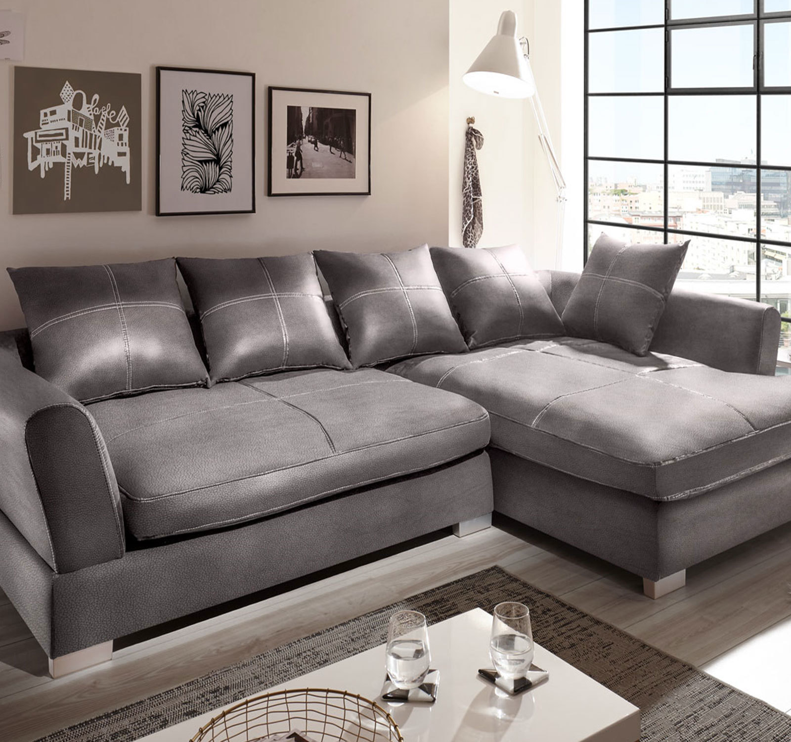 Design Couchgarnitur Grau Sofa K-Leder Eck Sofa Wohnlandschaft Megasofa Rechts