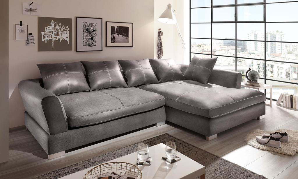 Design Couchgarnitur Grau Sofa K-Leder Eck Sofa Wohnlandschaft Megasofa Rechts