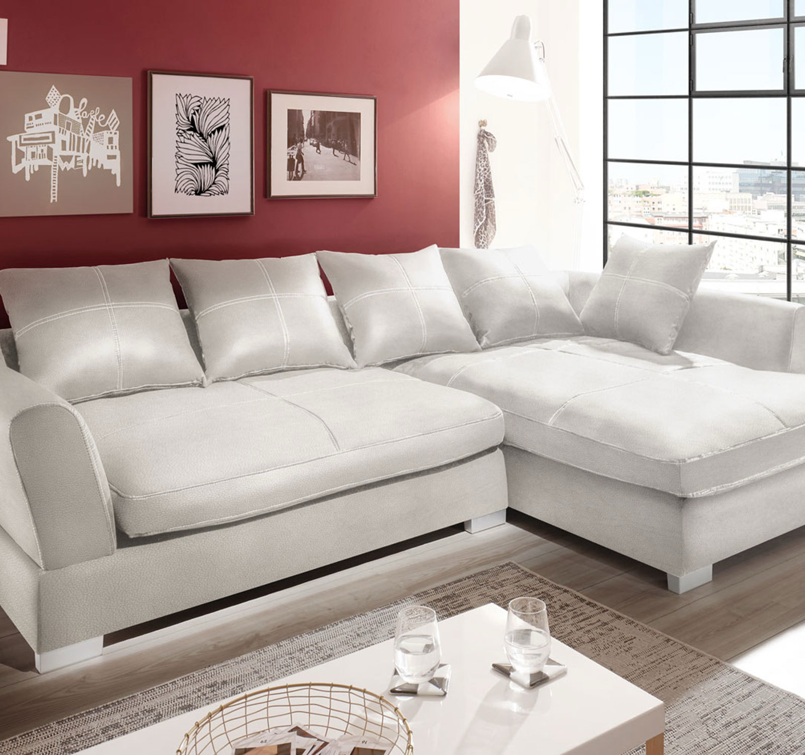 Design Couchgarnitur Weiss Sofa K-Leder Eck Sofa Wohnlandschaft Megasofa Rechts