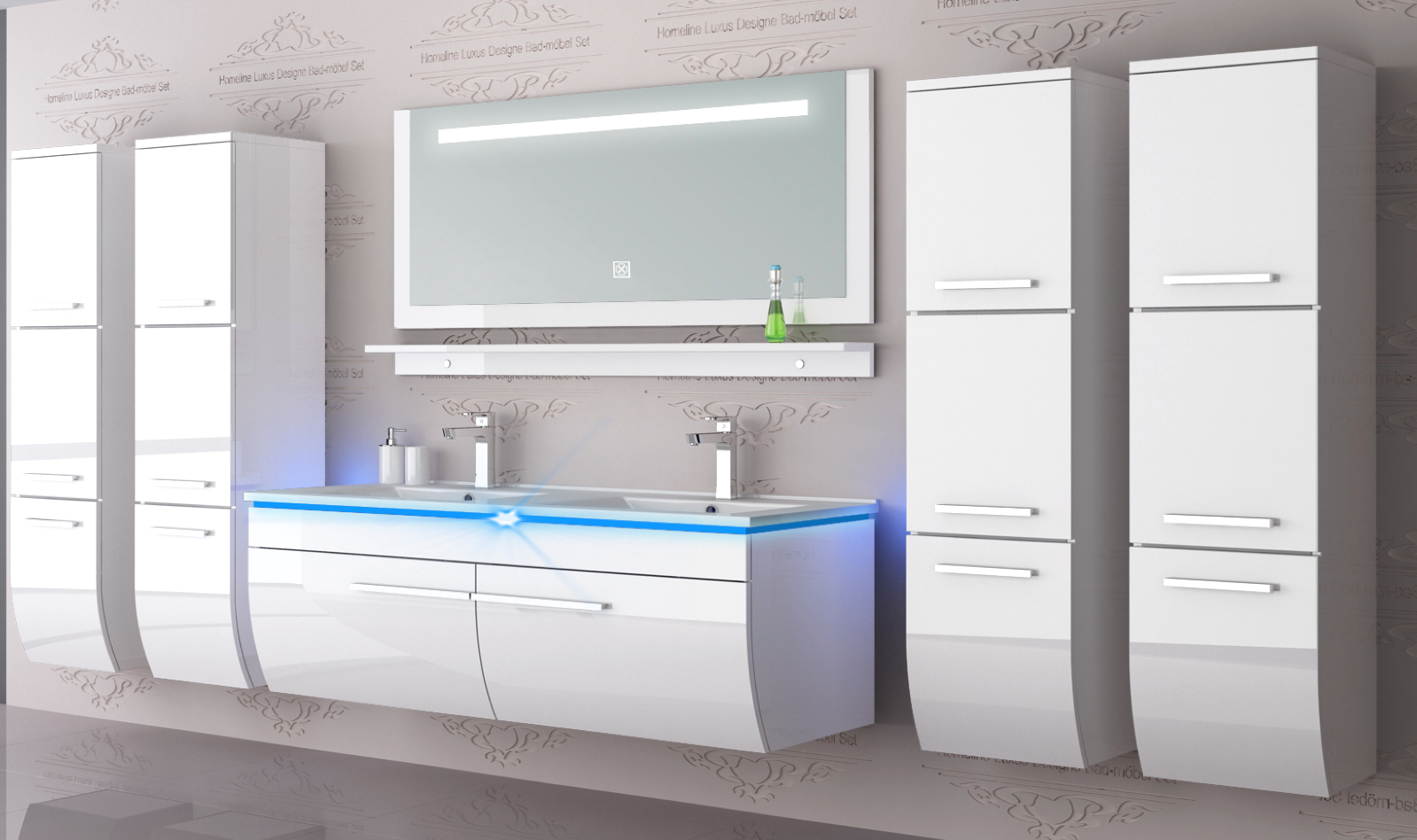 Doppelwaschtisch 240 cm Weiss Hochglanz Doppel Waschbecken Badmöbel Set Led Syt