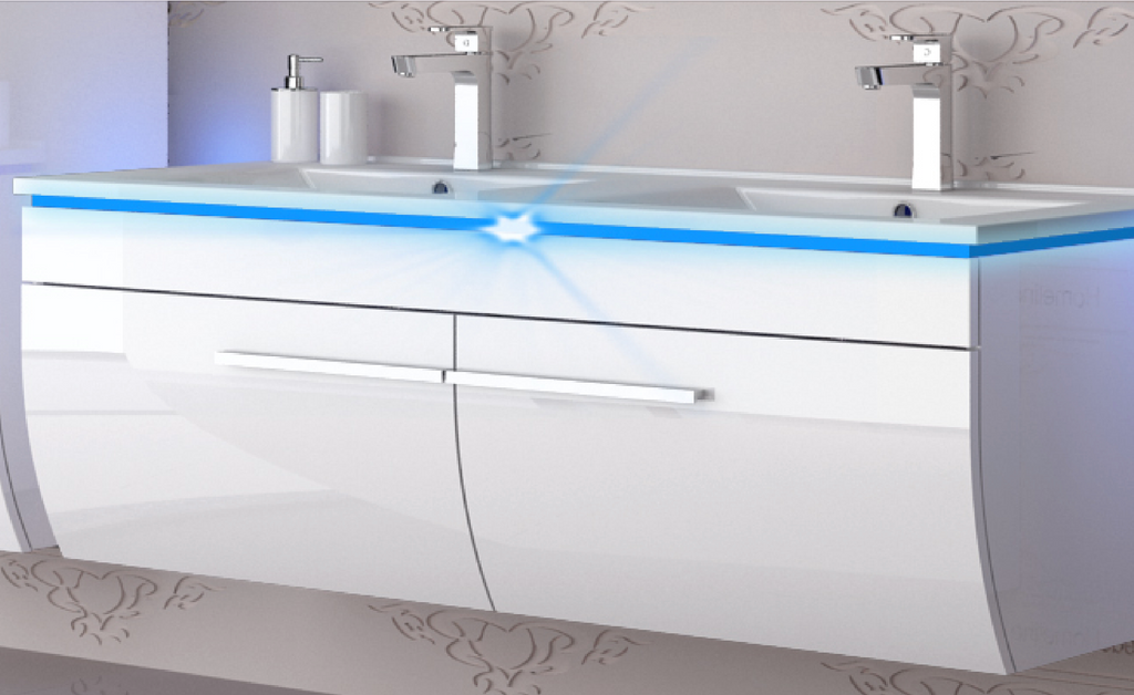 Doppelwaschtisch 240 cm Weiss Hochglanz Doppel Waschbecken Badmöbel Set Led Syt