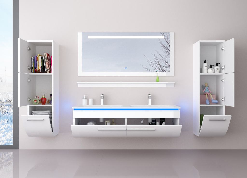Doppelwaschtisch 240 cm Weiss Hochglanz Doppel Waschbecken Badmöbel Set Led Syt