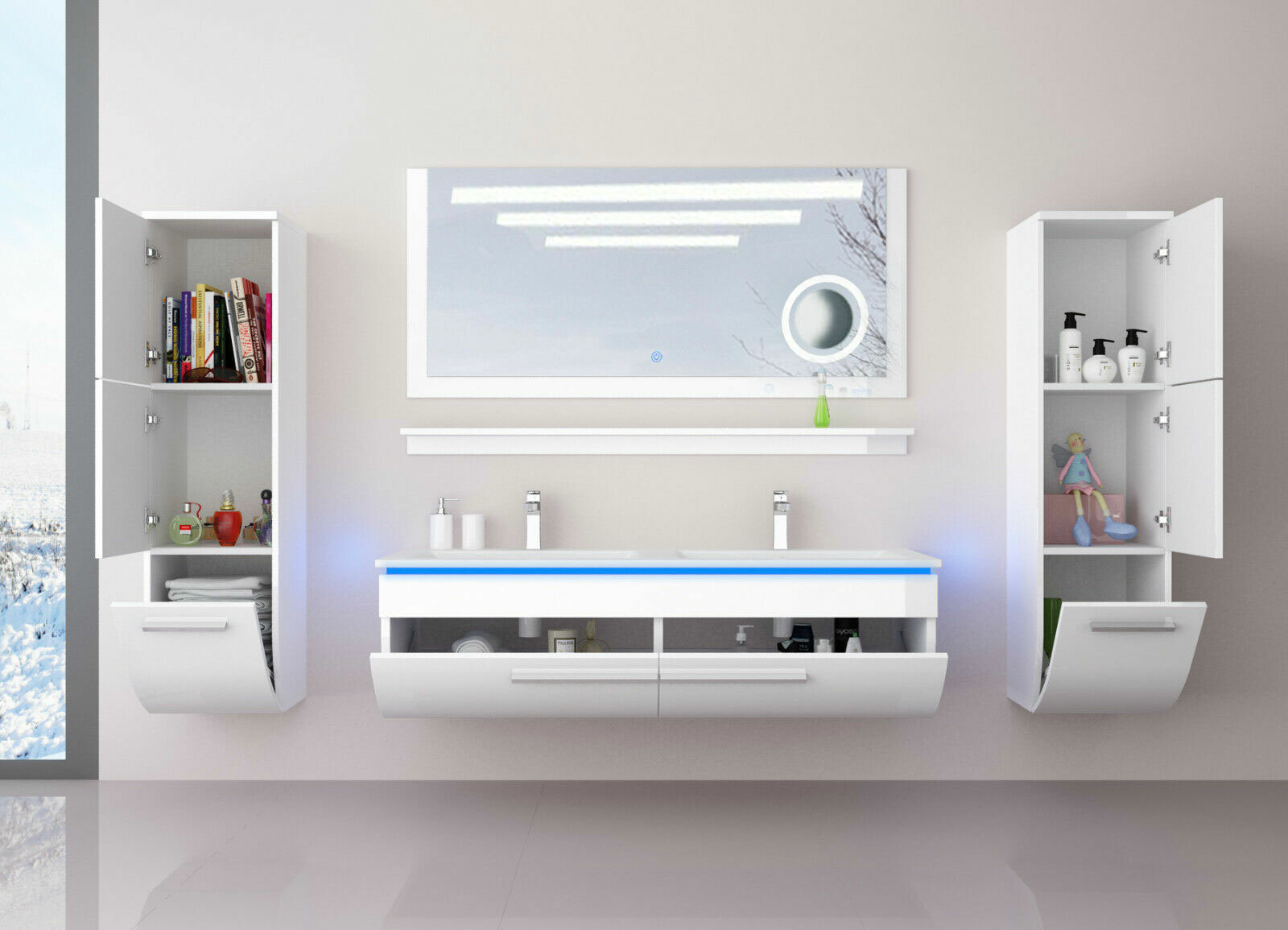 Doppelwaschtisch Badmöbel Set schwarz oder weiss hochglanz Kosmetik 180cm LEDUhr