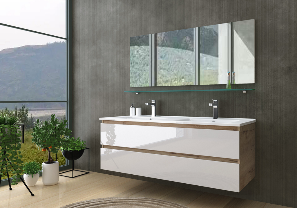 Doppelwaschtisch Eiche /Weiß Hochglanz Doppel Waschbecken Badezimme Badmöbel Set