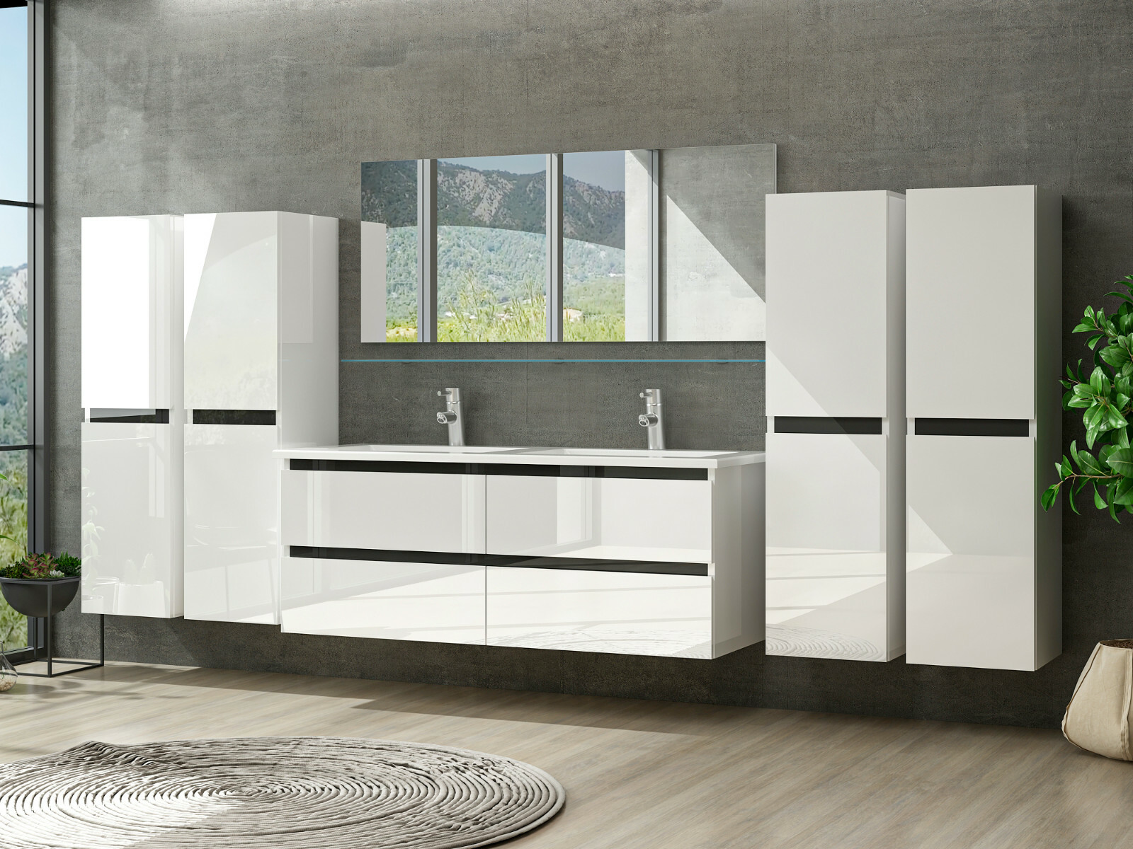 Doppelwaschtisch Weiß Hochglanz Doppel Waschbecken Badezimmer Badmöbel Set Denniz