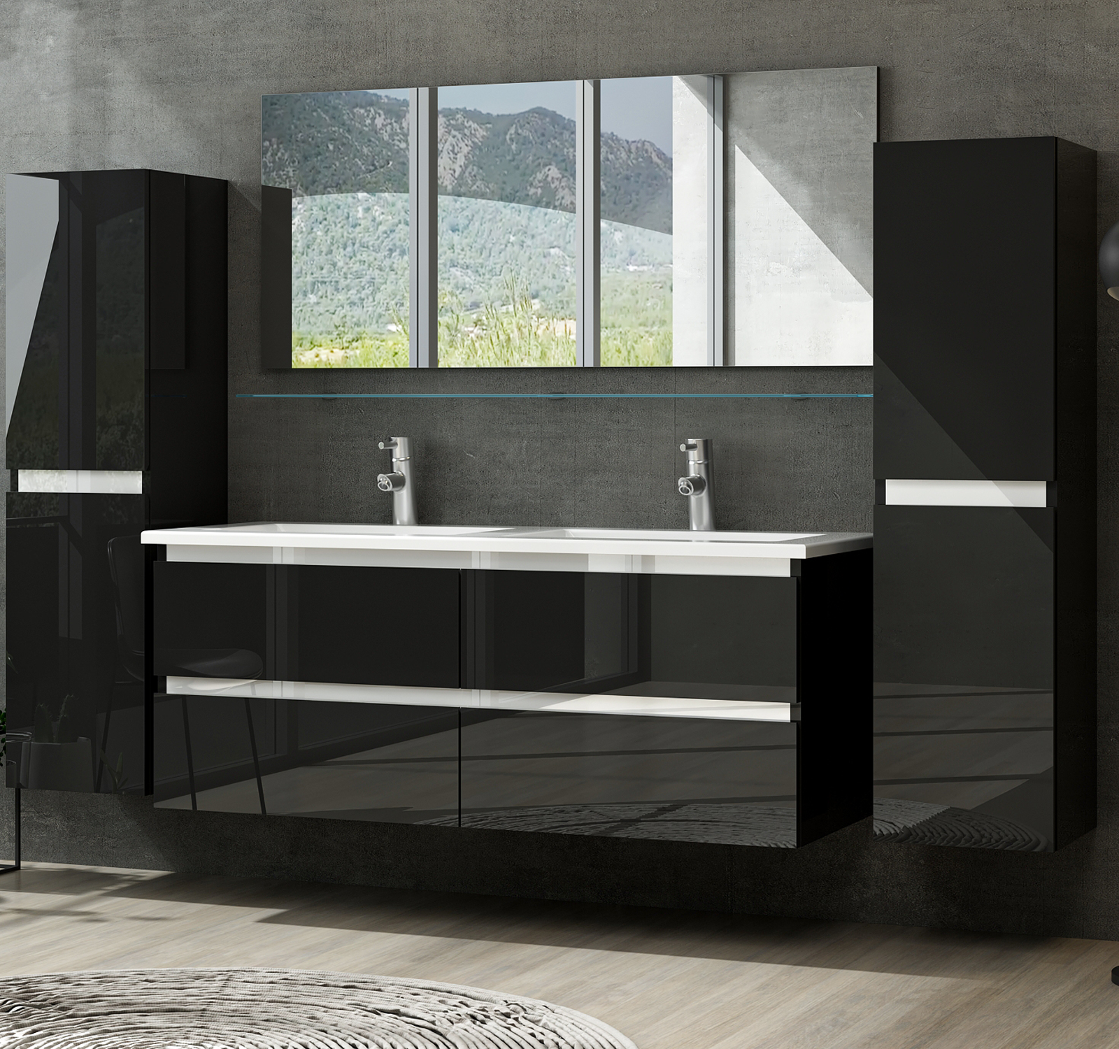 Doppelwaschtisch Schwarz Hochglanz Doppel Waschbecken Bad Badmöbel Set Marcel