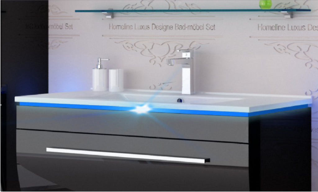 Badmöbel Set Badezimmer Schrank Waschbecken Spiegel Schwarz LED  Badmöbel Set