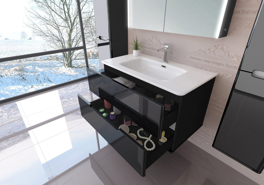 Badmöbel set Badezimmermöbe Hochglanz Spiegelschrank Keramik  Schwarz / Weiß / E