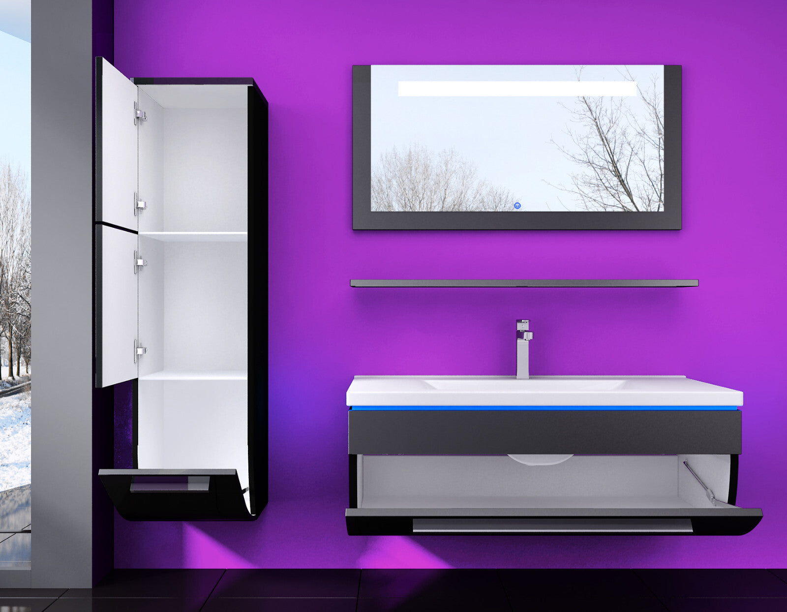 Badmöbel Set montiert Weiss oder Schwarz Hochglanz Badezimmermöbel 6tlg LED 90cm