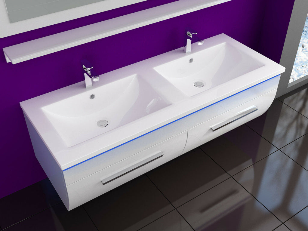 Doppelwaschtisch Doppelwaschbecken Waschbecken 240 cm Weiß LED  Badmöbel Set 120
