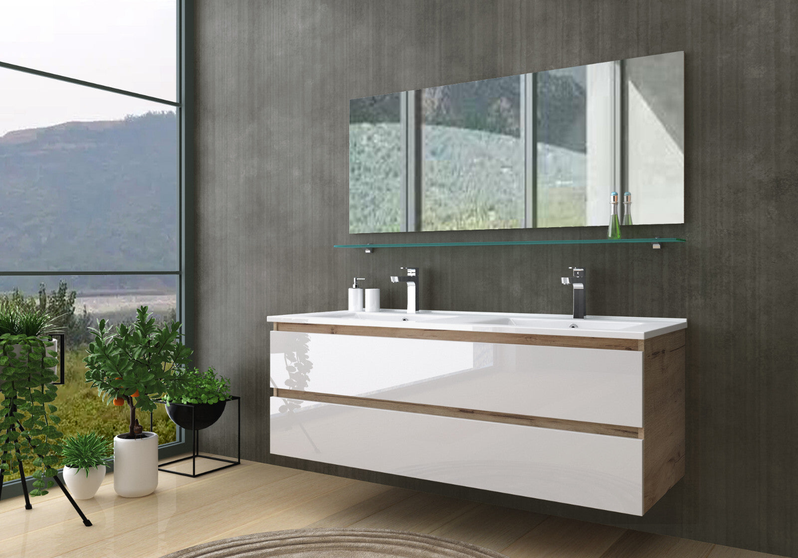 Doppelwaschtisch Eiche /Weiß Hochglanz Doppel Waschbecken Badezimme Badmöbel Set
