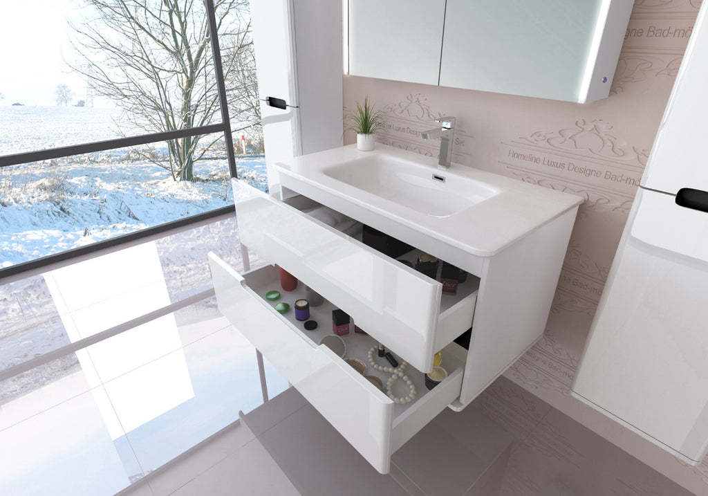 Badezimmermöbel set  Badmöbel  Hochglanz Spiegelschrank Keramik Weiß LED 90 cm