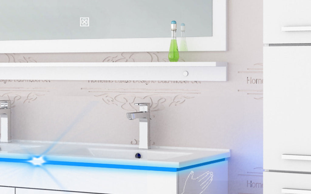 Badmöbel set hochglanz Weiß Doppelwaschtisch montiert   Touch Led System 120 cm
