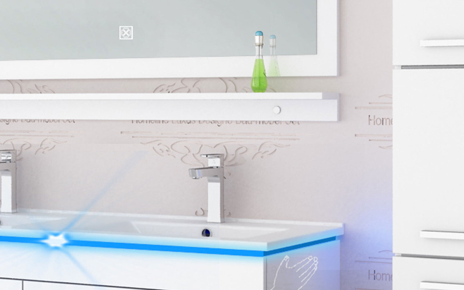 Badmöbel set hochglanz Weiß Doppelwaschtisch montiert   Touch Led System 120 cm