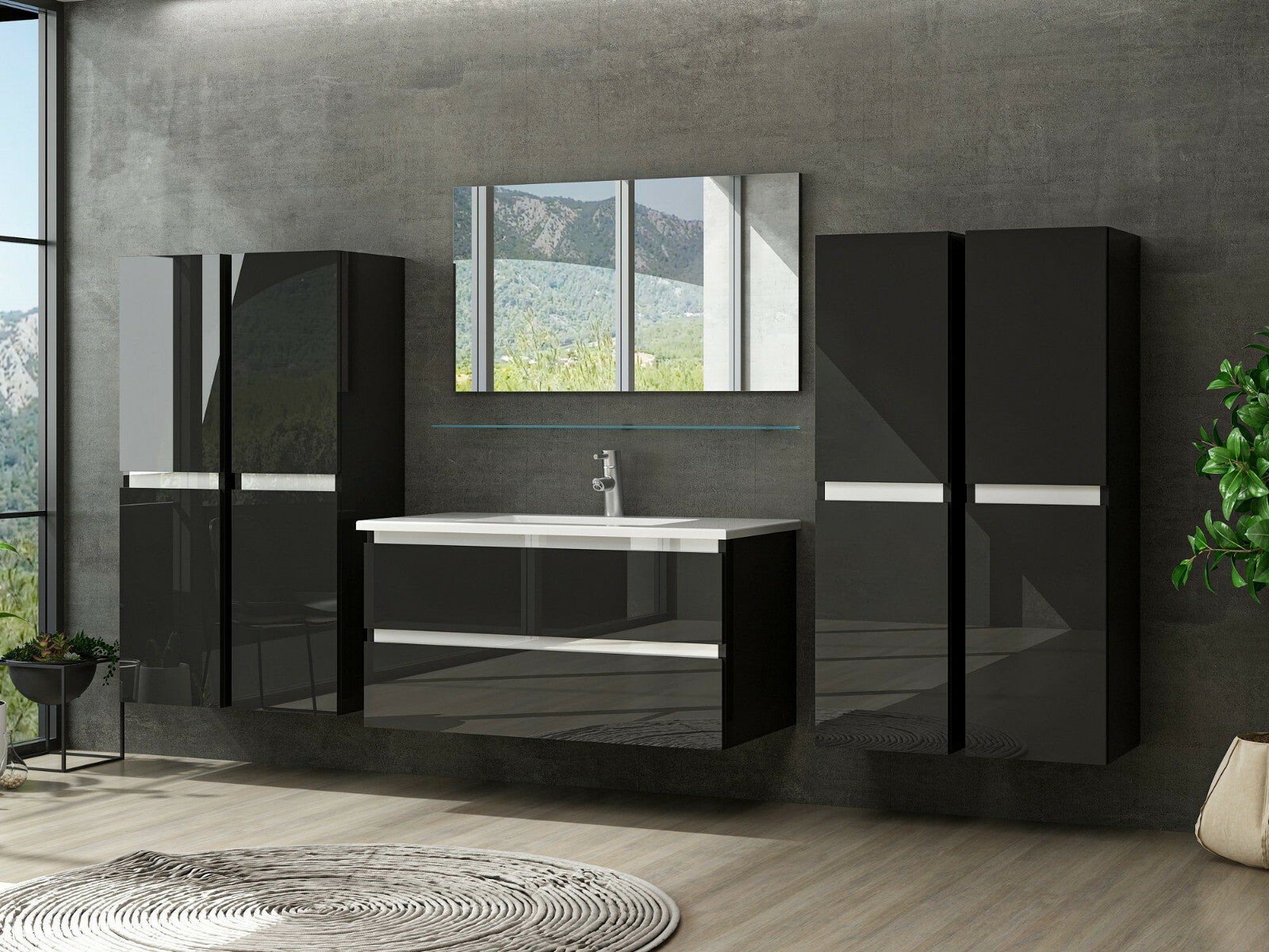 Badmöbel Set montiert Schwarz Hochglanz Badezimmermöbel 60 cm bis 8tlg Bad Möbel