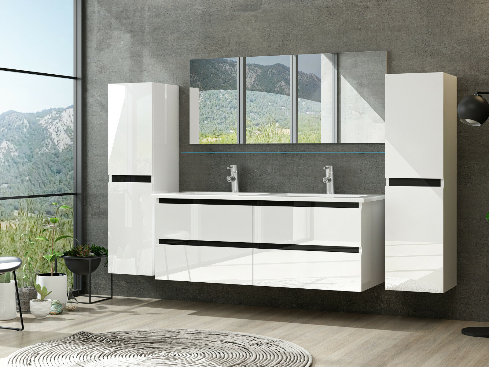 Doppelwaschtisch Weiß Hochglanz Doppel Waschbecken Badezimmer Badmöbel Set Denni