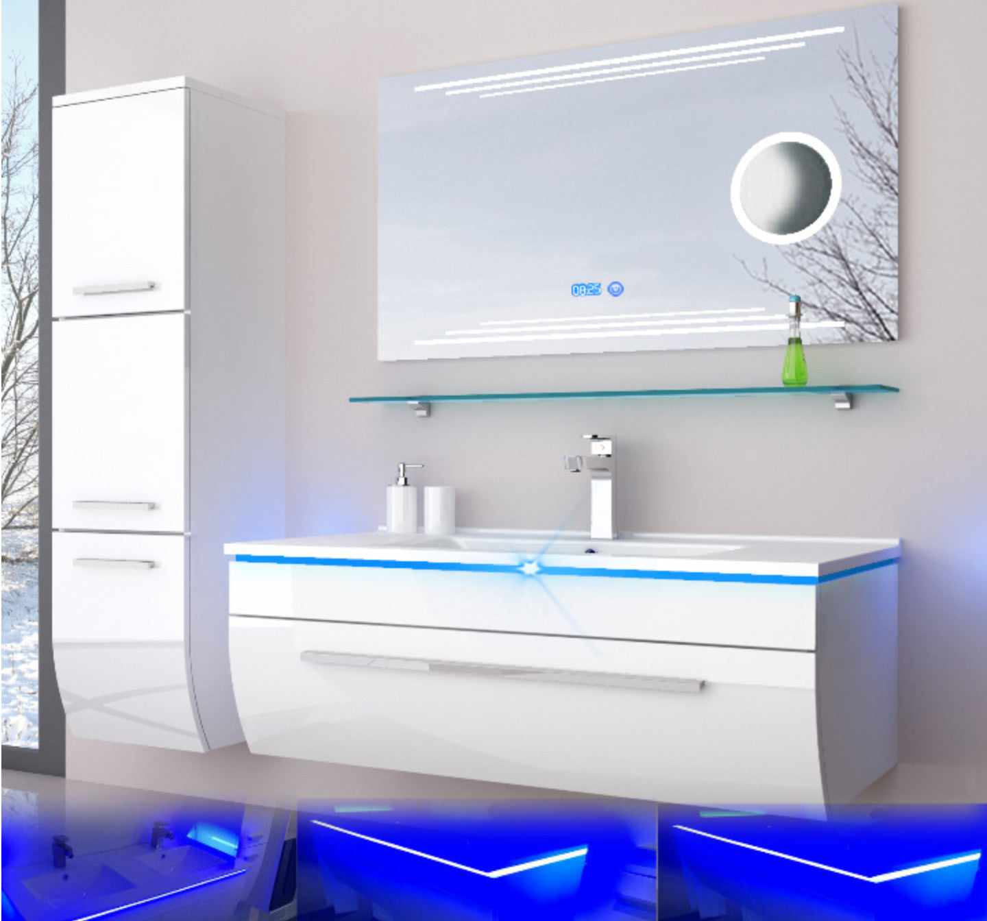 Badmöbel Set 90 cm schwarz oder weiss hochglanz Kosmetik LED Uhr Badezimmermöbel