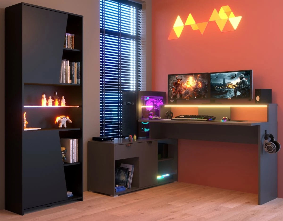 Gaming Set"Work"in schwarz und grau Gamingtisch und Schrank inkl.LED Farbwechsel